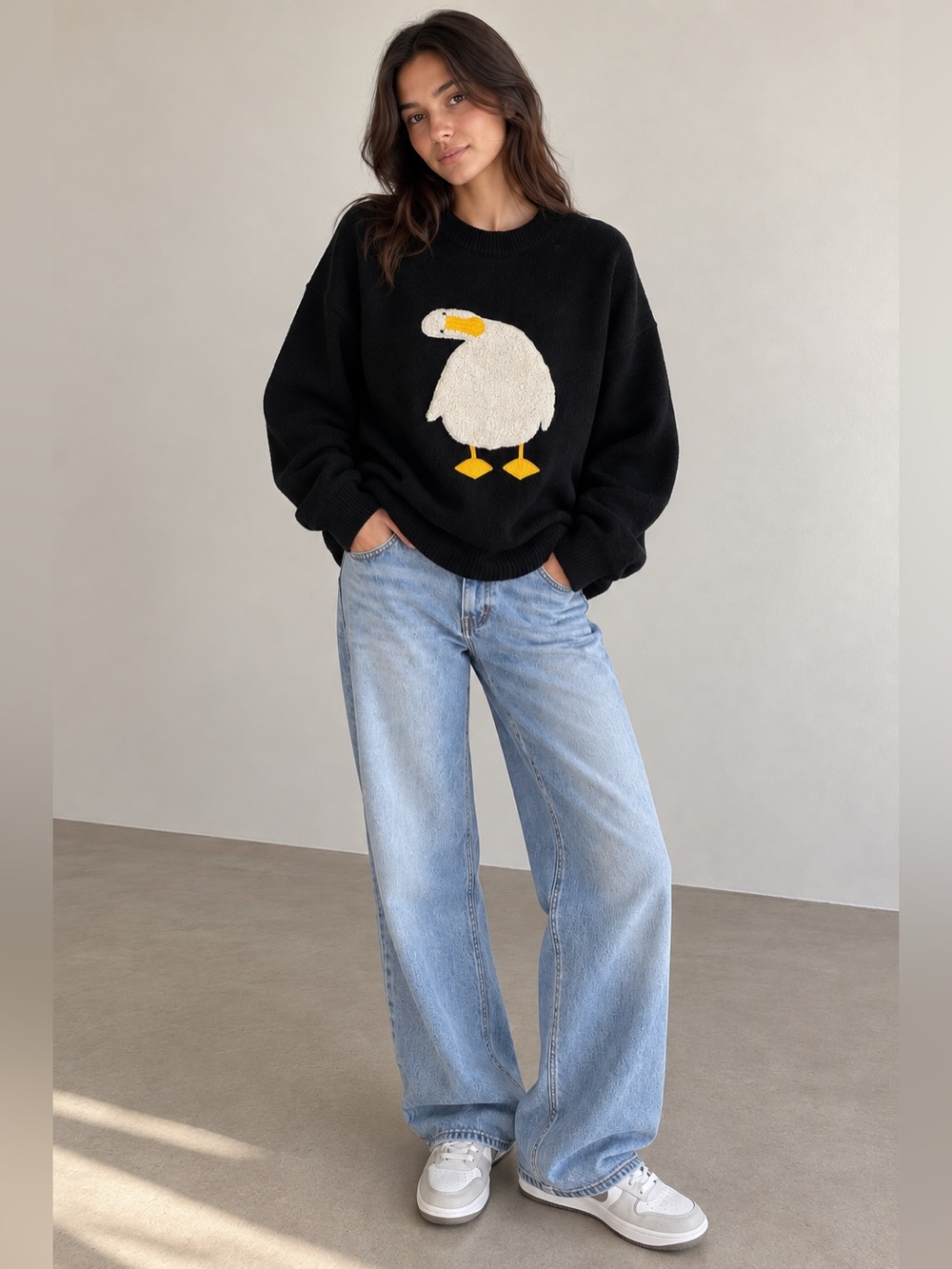 2IV&CDUPE Duck Goose Appliqué Oversized Knit Sweater – Dark Navy/Black – S/M